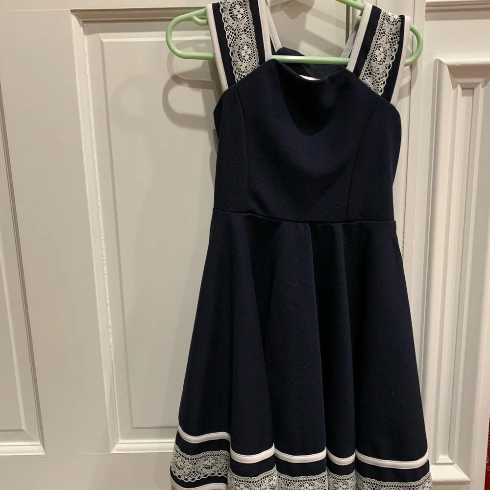 Bonnie Jean Girls 5 Navy Fit & Flare Party Dress Navy Blue White Lace Tie Waist